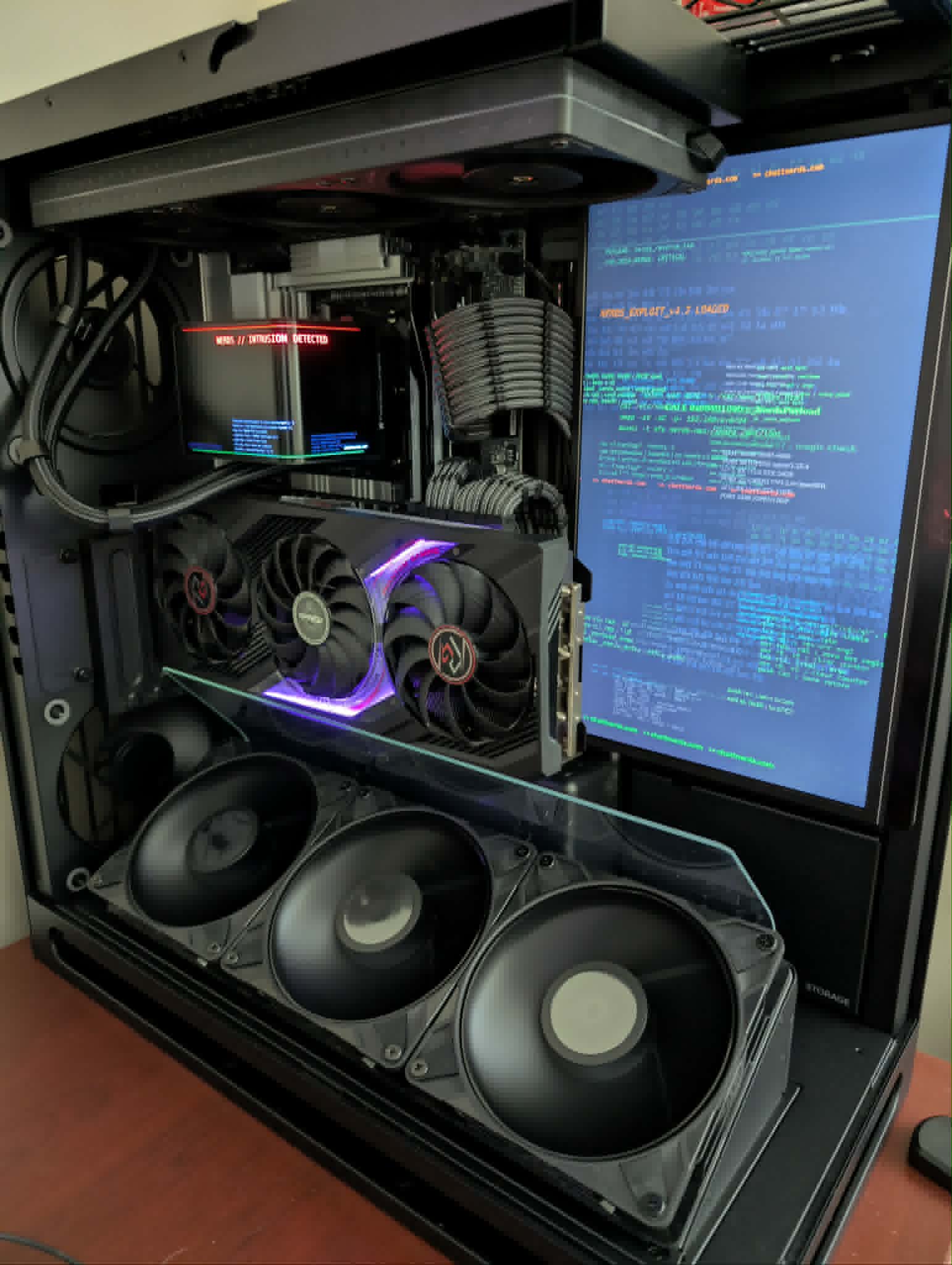 HAVN 420 case custom PC build with purple RGB GPU fans and a custom NERDS boot screen