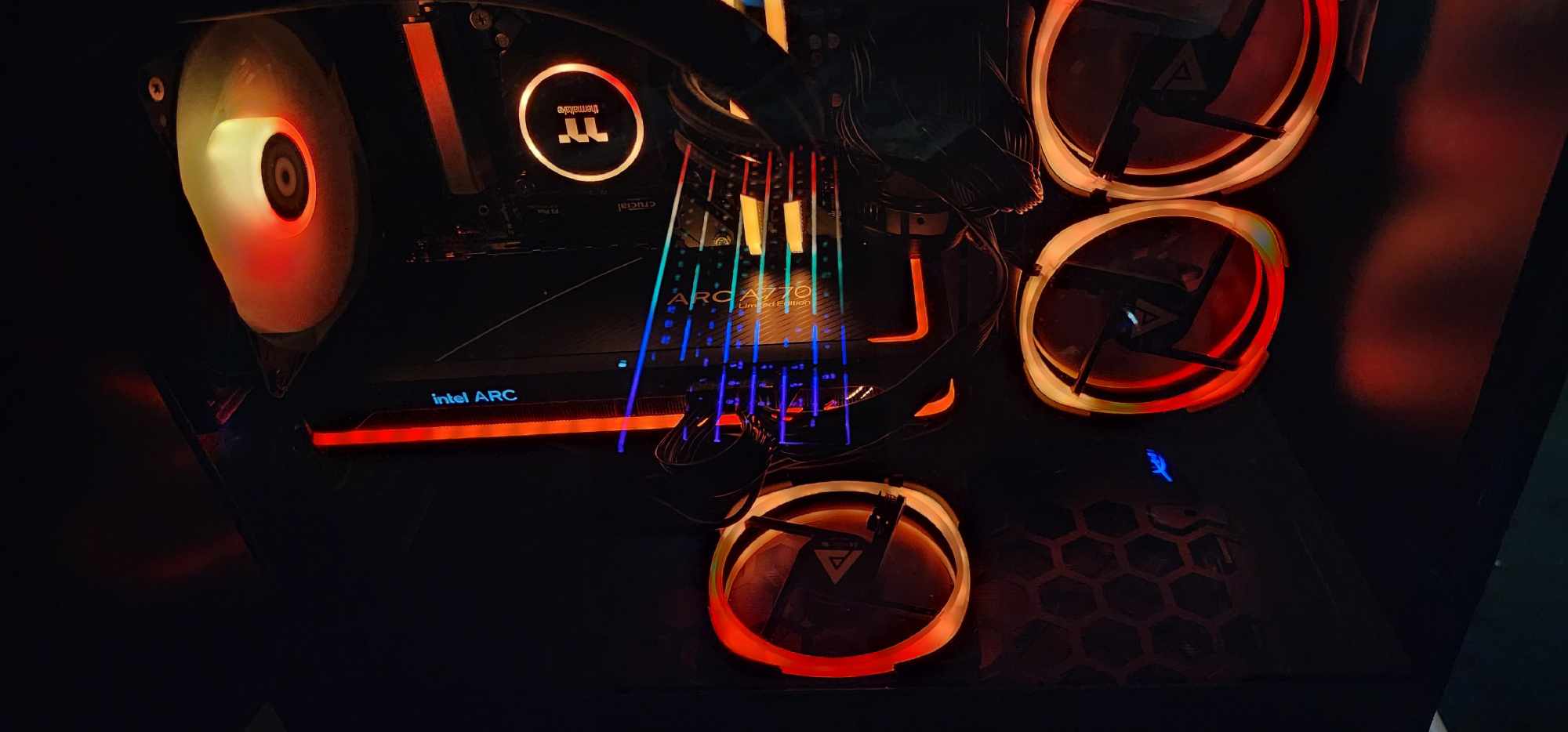 Custom PC build with Zotac graphics card and blue purple RGB fan lighting